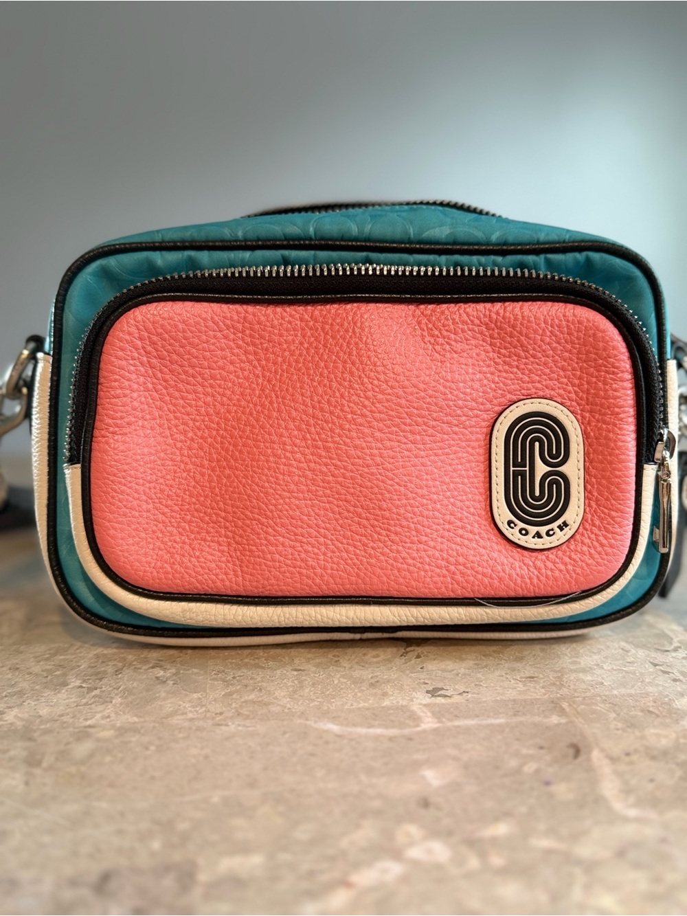 Coach 2909 color block crossbody bag turquoise, coral, white, and black